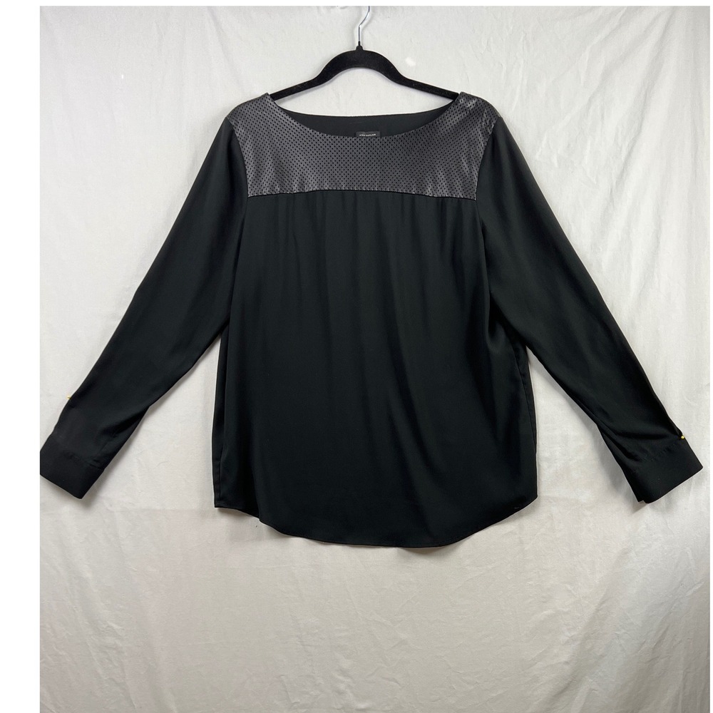Ann Taylor Blouse Womens L Black Faux Leather Perforated Yoke Roll Tab Sleeve